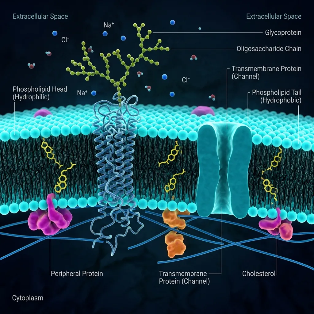 3D rendered phospholipid bilayer fluid mosaic model