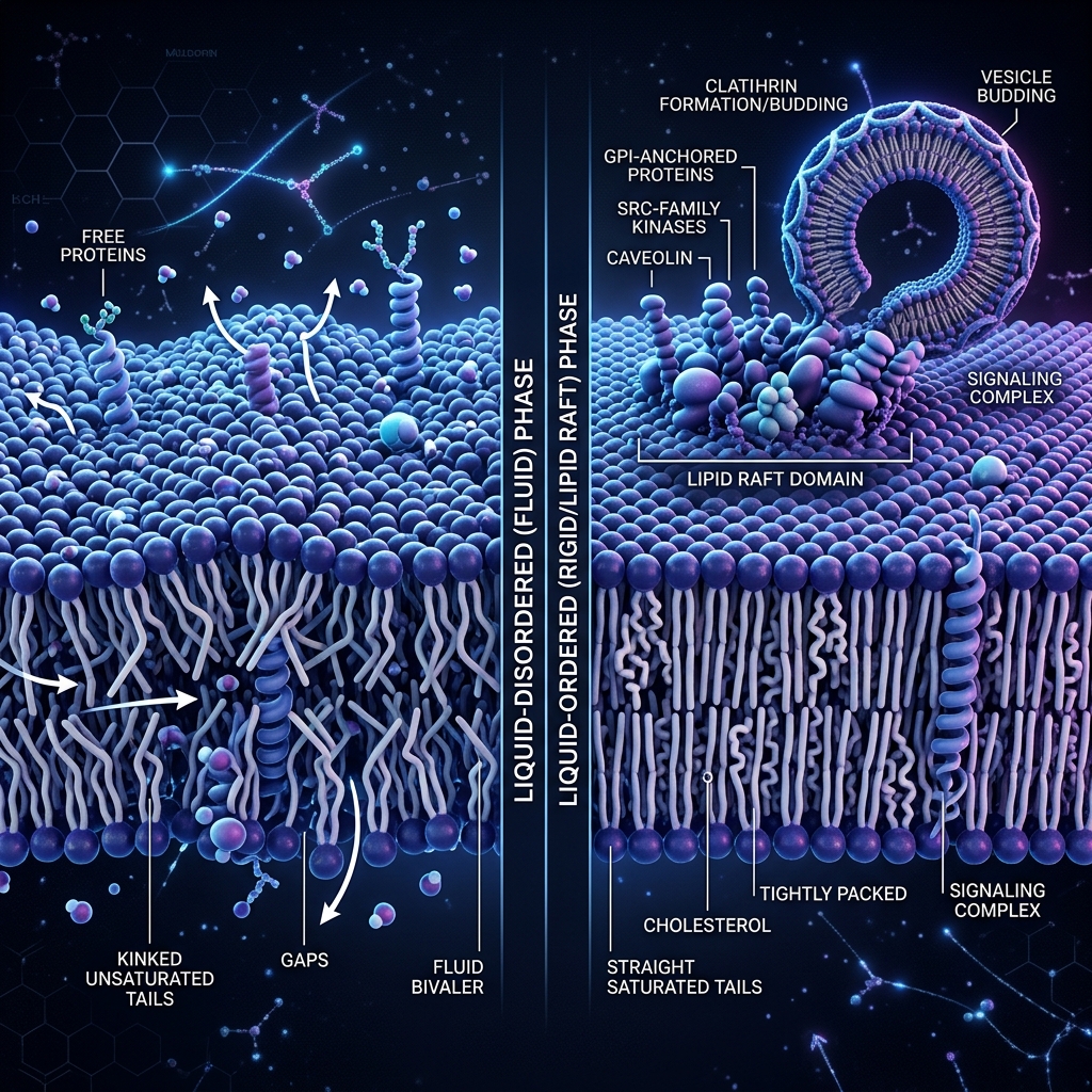 3D comparison of fluid vs rigid lipid raft membrane phases