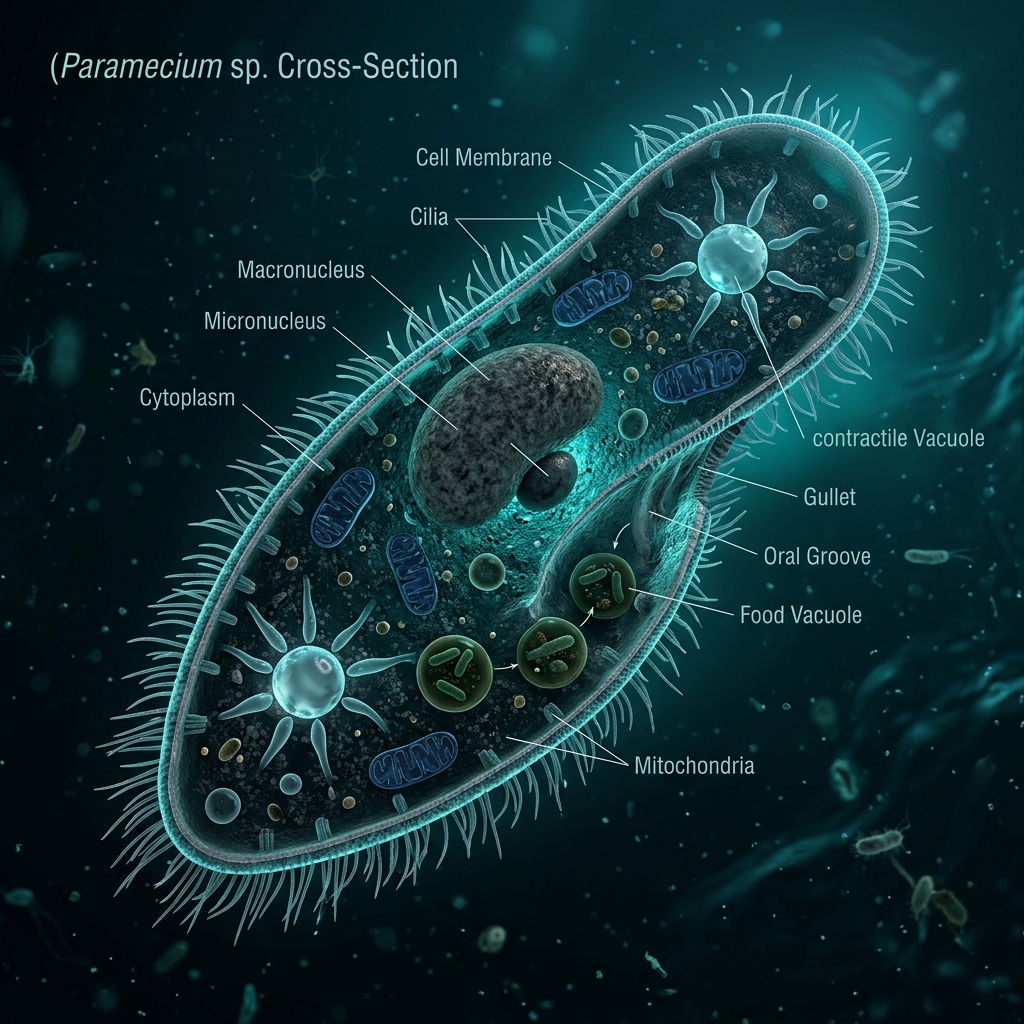 3D rendered protist paramecium cell cross-section